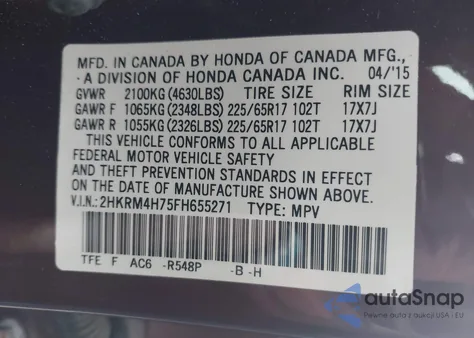 2015 Honda Cr-V Ex-L z USA, uszkodzony, nr VIN 2HKRM4H75FH655271
